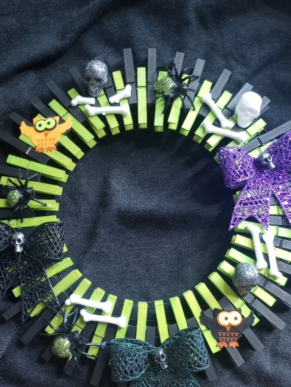 Kids Halloween Clothespin Wreath with Green, Black, Purple Accents